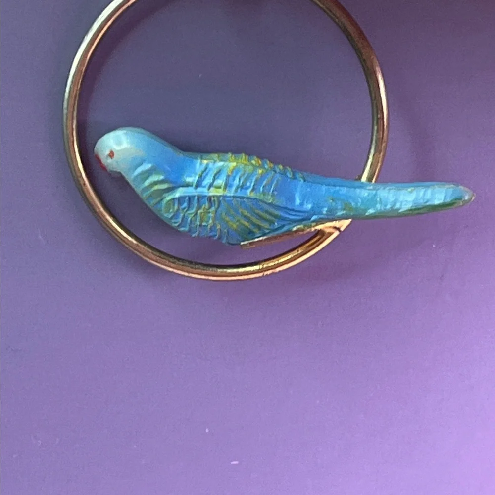 Vintage Handmade Green& Blue Bird Goldtone Dangle Screwback earrings
